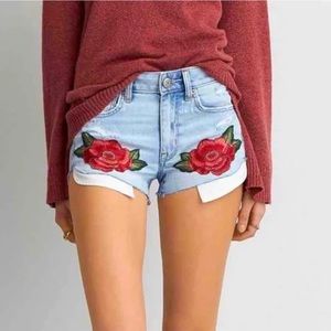 American Eagle Rose Embroidery High Rise Denim Shortie